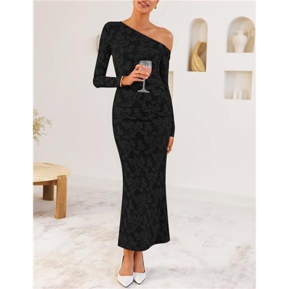 Women's Floral Off Shoulder Bodycon Maxi Dress Black - Picture 3 of 6